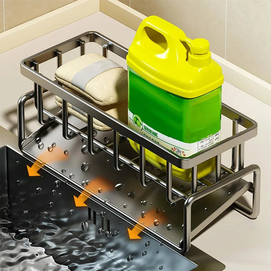 Carbon Steel Kitchen Sink Organizer – Compact Countertop Storage Rack with Drain Tray and Utensil Holder