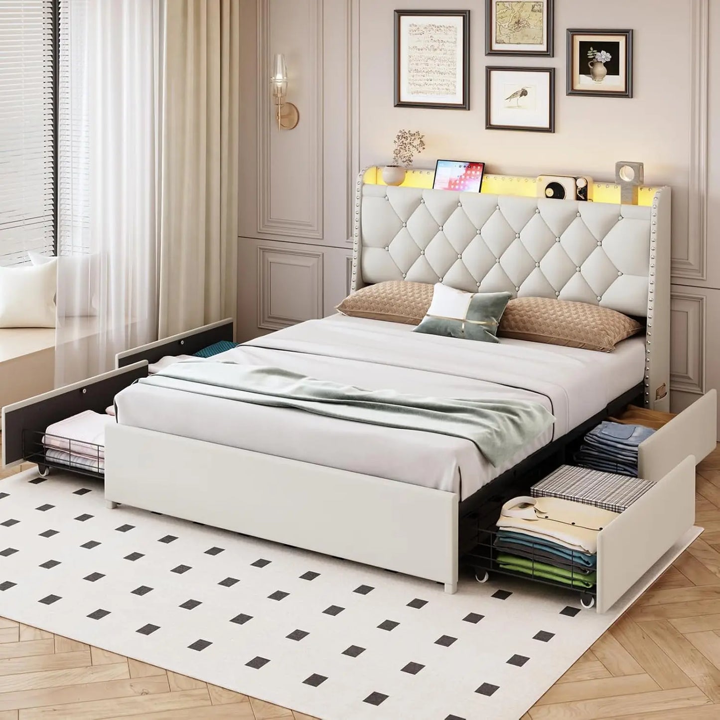 Upholstered Queen Platform Bed with Charging Station – Modern Headboard with USB Ports & Storage