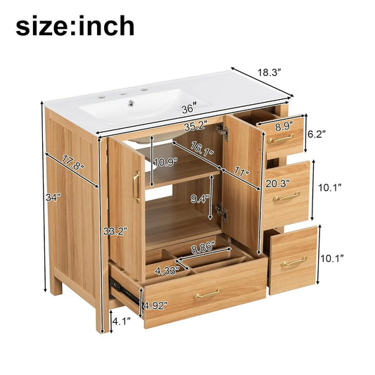 36" Bathroom Vanity with Ceramic Sink – Natural Wood Floating Style Cabinet with Modern Storage