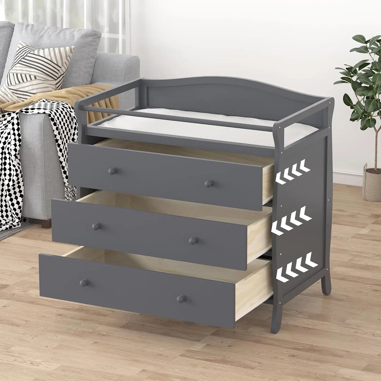 3-Drawer Wooden Baby Changing Table – Nursery Dresser with Safety Rails & Storage for Diaper Station