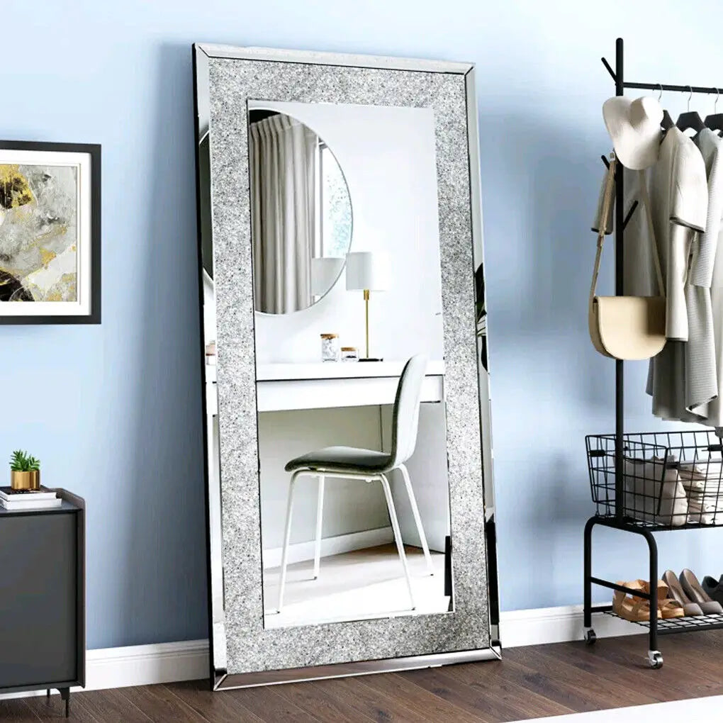 Large Silver Rhinestone Frameless Mirror – Sparkly Crystal Wall Decor for Bedroom, Living Room & Vanity