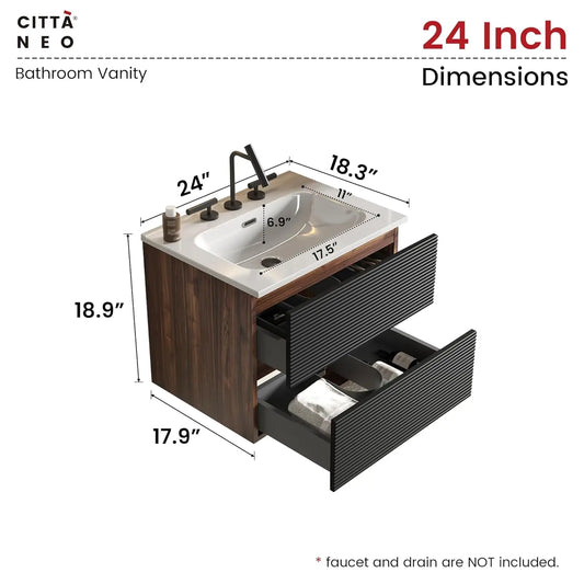 24" Wall Mount Vanity with Ceramic Sink – Modern Floating Bathroom Cabinet in Walnut & Black Finish