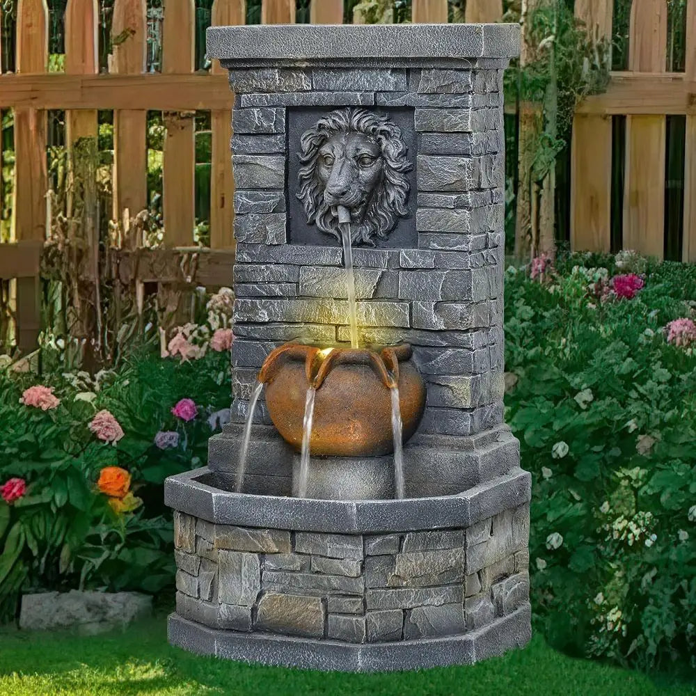 Lion Head Garden Fountain with LED Lights – Wall Mounted Stone Outdoor Water Feature for Patio & Backyard