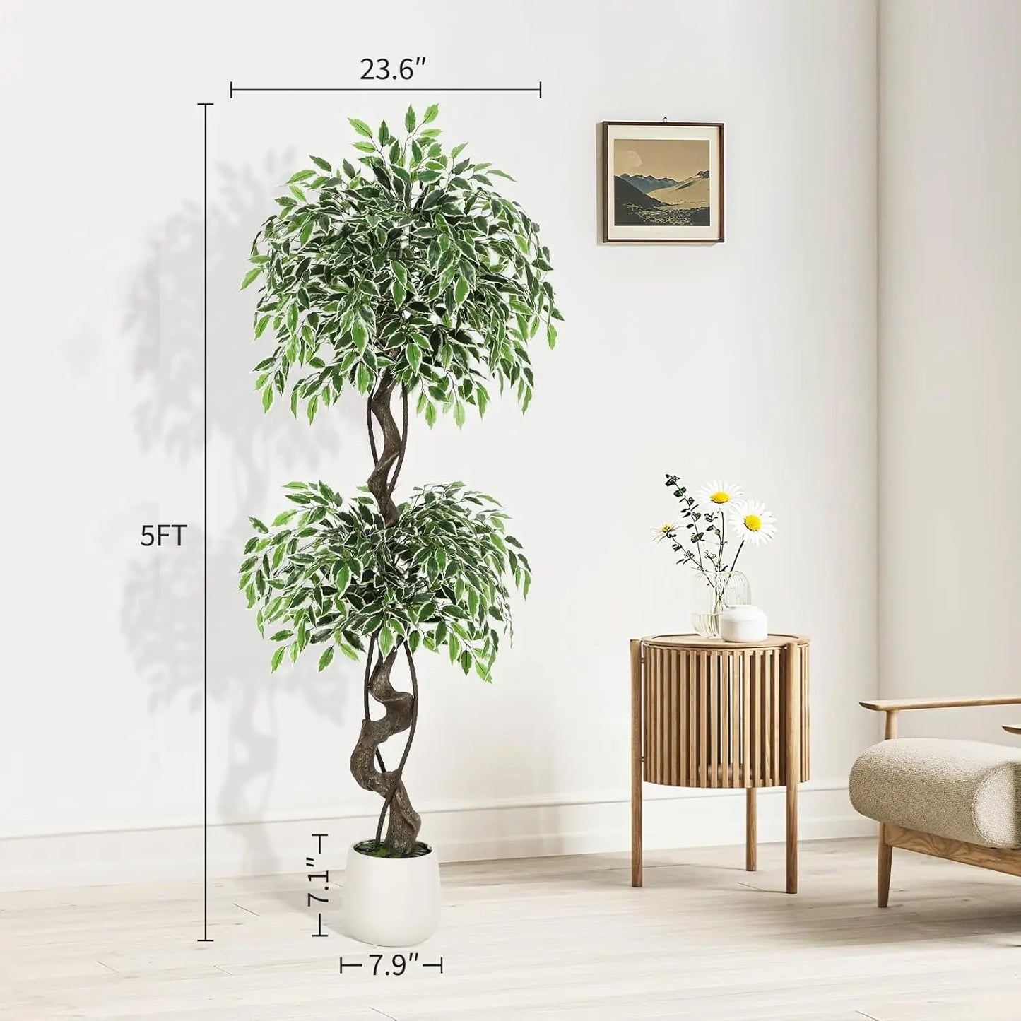 Artificial Ficus Tree – Lifelike Faux Indoor Floor Plant with White Planter and Decorative Moss