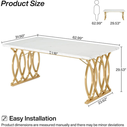 63" Modern Dining Table with Brass Accents – Large Rectangular Statement Table for Kitchen & Dining Room