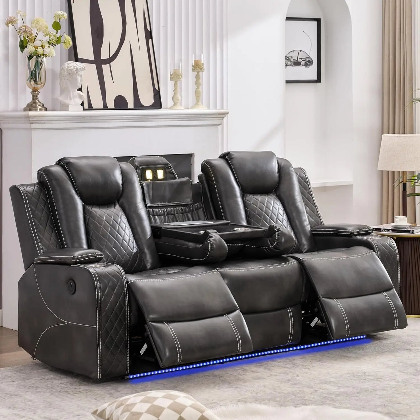 Power Reclining Sofa with Wireless Charger & LED Lights – Modern Living Room Couch with USB Ports & Cup Holders