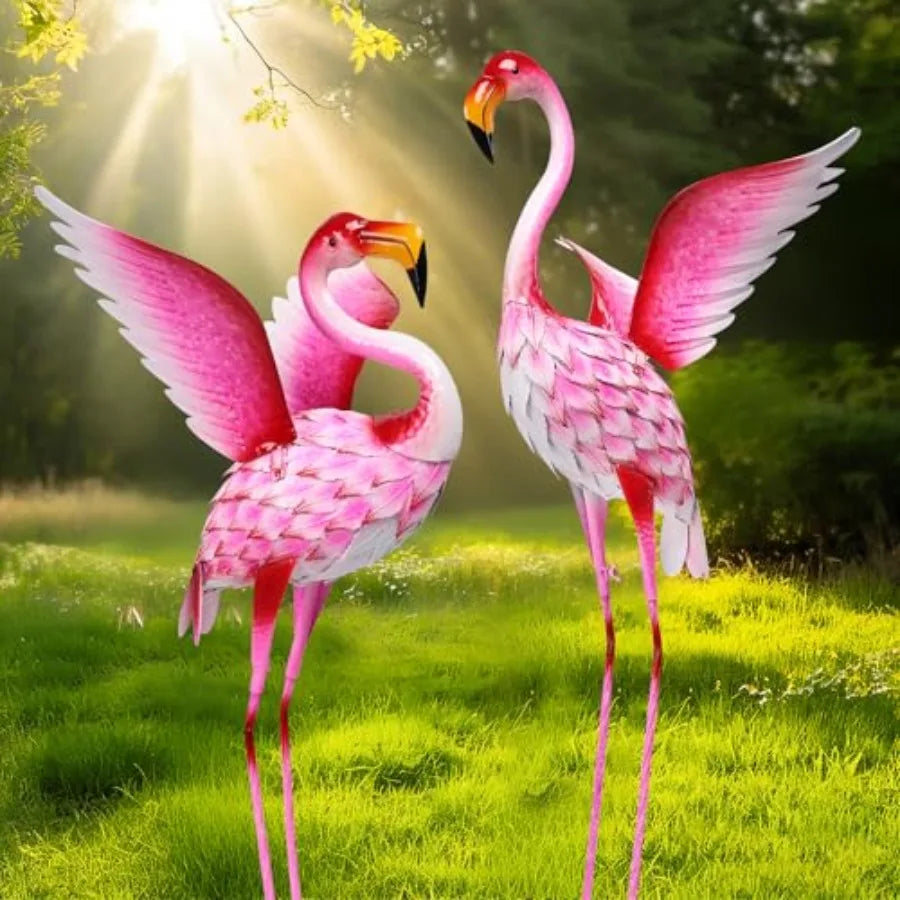 Flamingo Garden Statues Set of 2 – Metal Outdoor Yard Decor for Lawn, Patio or Backyard