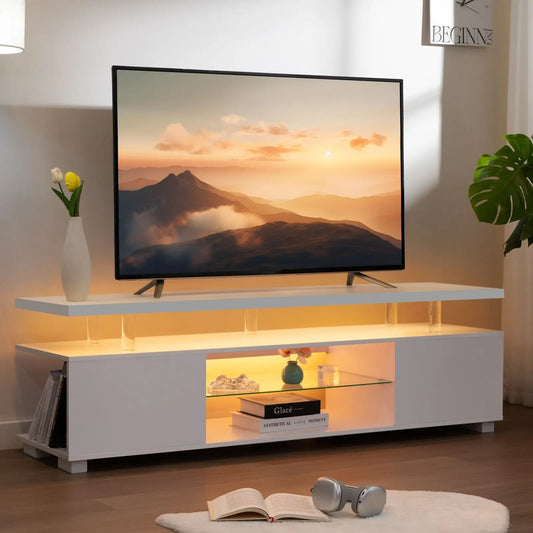 LED Gaming TV Stand – Modern Entertainment Center with Glass Shelves & Storage for Living Room or Bedroom