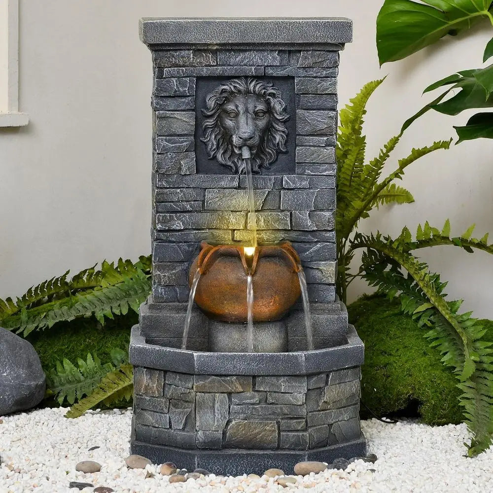 Lion Head Garden Fountain with LED Lights – Wall Mounted Stone Outdoor Water Feature for Patio & Backyard