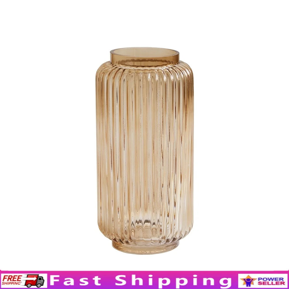 Ribbed Glass Vase Decorative Home Accent Elegant Cylinder Design 10 Inch Lightweight Washable