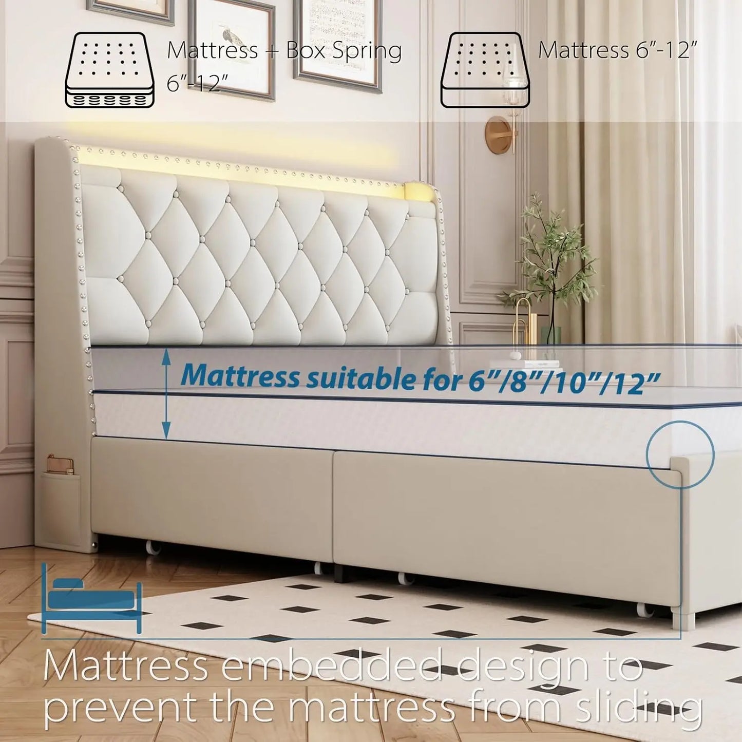 Upholstered Queen Platform Bed with Charging Station – Modern Headboard with USB Ports & Storage