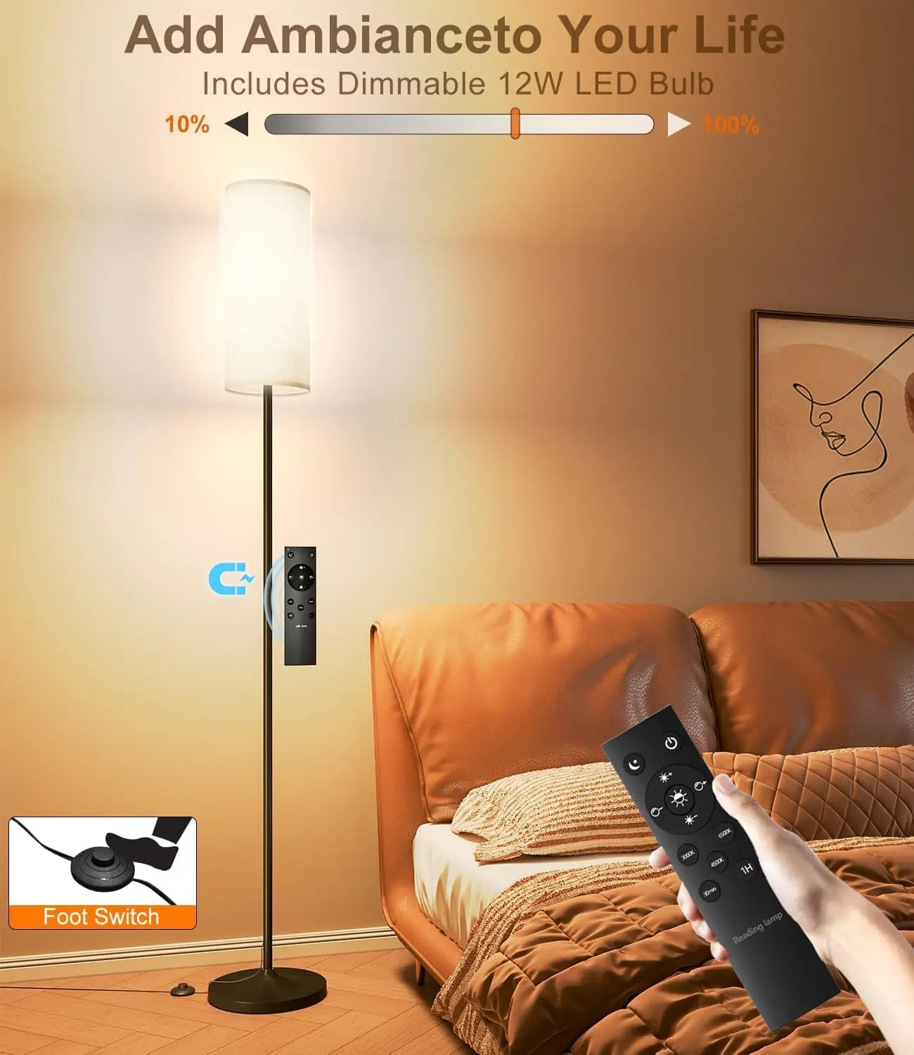 Dimmable Floor Lamp with Remote, 12W LED Bulb, Color Temperature Adjustable
