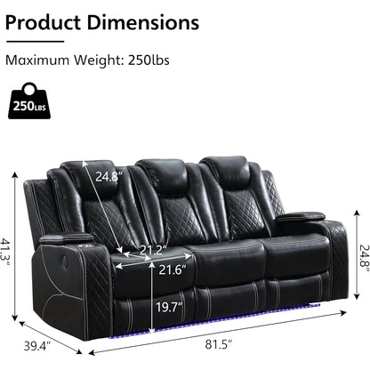 Power Reclining Sofa with Wireless Charger & LED Lights – Modern Living Room Couch with USB Ports & Cup Holders