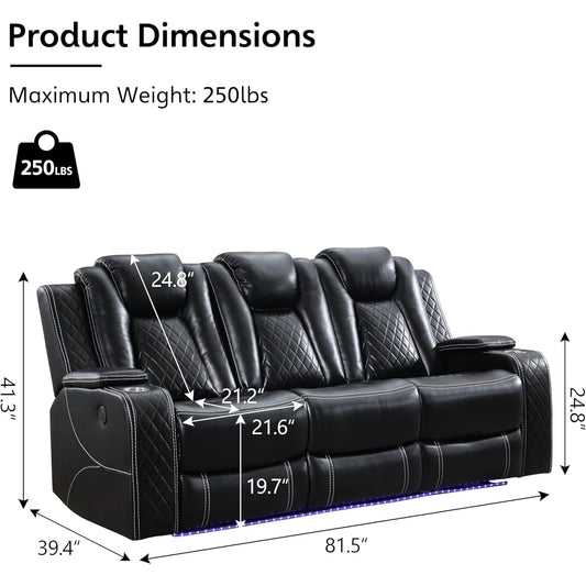 Power Reclining Sofa with Wireless Charger & LED Lights – Modern Living Room Couch with USB Ports & Cup Holders