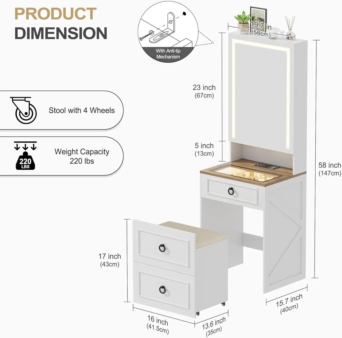 Compact Vanity Desk with Illuminated Mirror & Charging Station – Modern Makeup Table with Storage for Bedroom