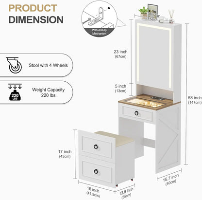 Compact Vanity Desk with Illuminated Mirror & Charging Station – Modern Makeup Table with Storage for Bedroom