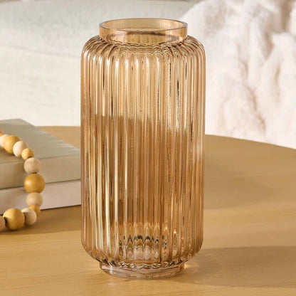 Ribbed Glass Vase Decorative Home Accent Elegant Cylinder Design 10 Inch Lightweight Washable