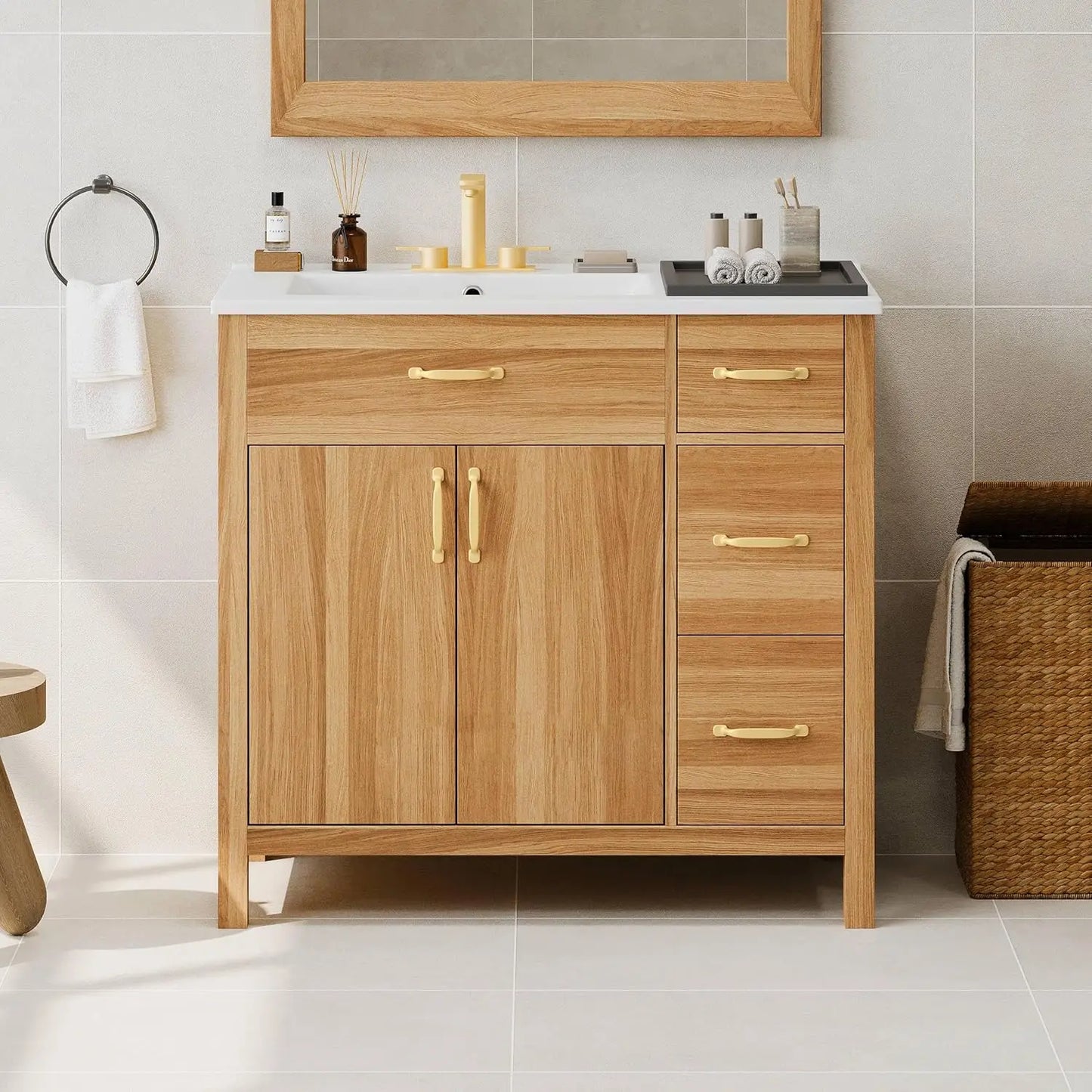 36" Bathroom Vanity with Ceramic Sink – Natural Wood Floating Style Cabinet with Modern Storage