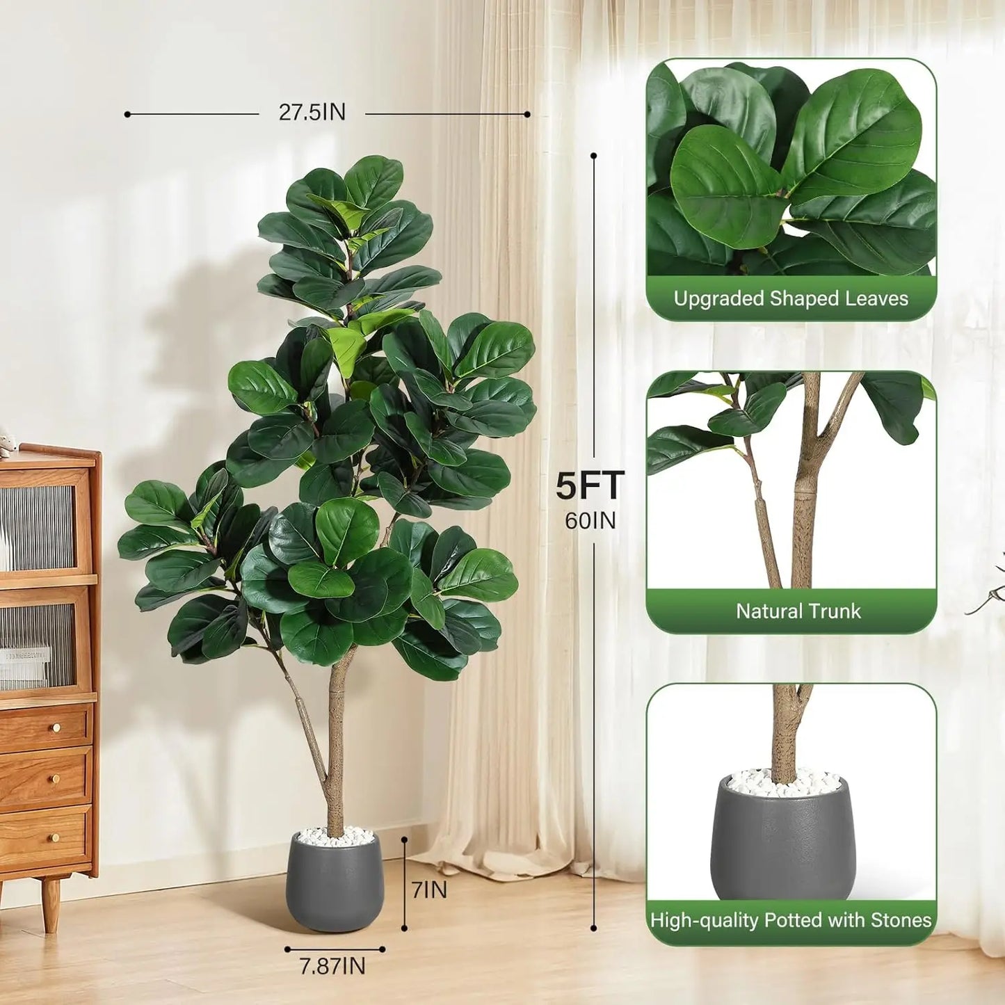 Artificial Fiddle Leaf Fig Tree (4–7 FT) – Lifelike Faux Indoor Floor Plant with Pot for Home & Living Room Decor