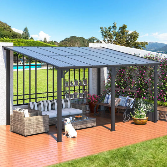 Hard Top Lean-To Gazebo Pergola – Wall-Mounted Steel Roof Patio Cover for Backyard & Outdoor Living