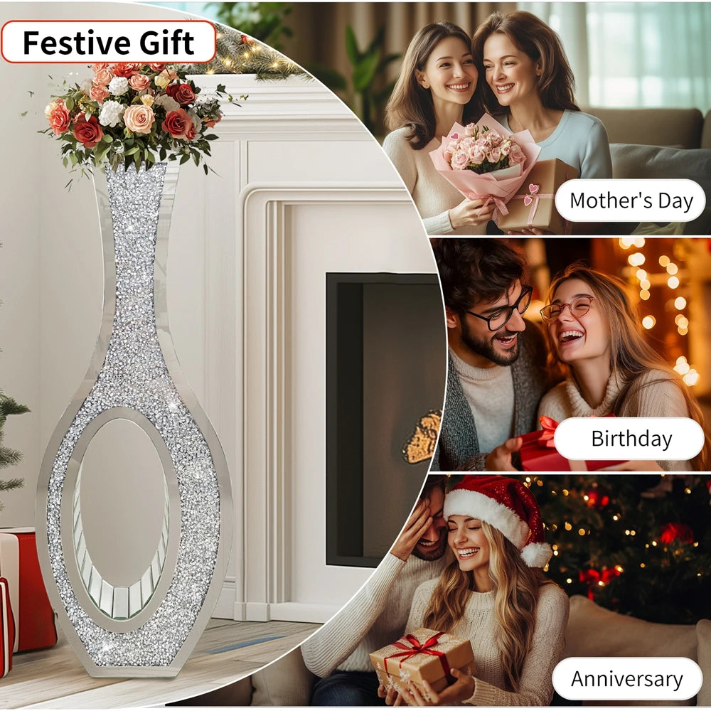 Tall Silver Mirrored Floor Vase – Crystal Crushed Diamond Decorative Glass Vase for Living Room or Entryway