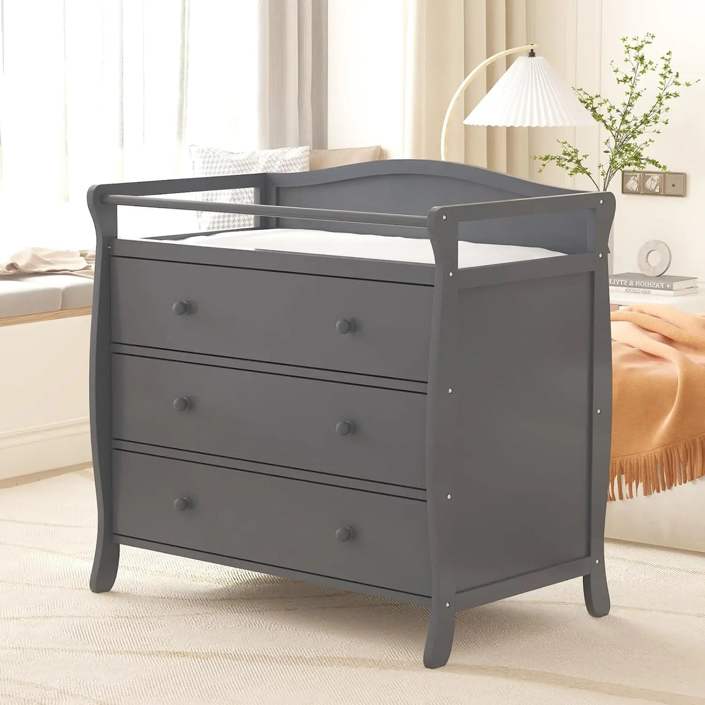 3-Drawer Wooden Baby Changing Table – Nursery Dresser with Safety Rails & Storage for Diaper Station