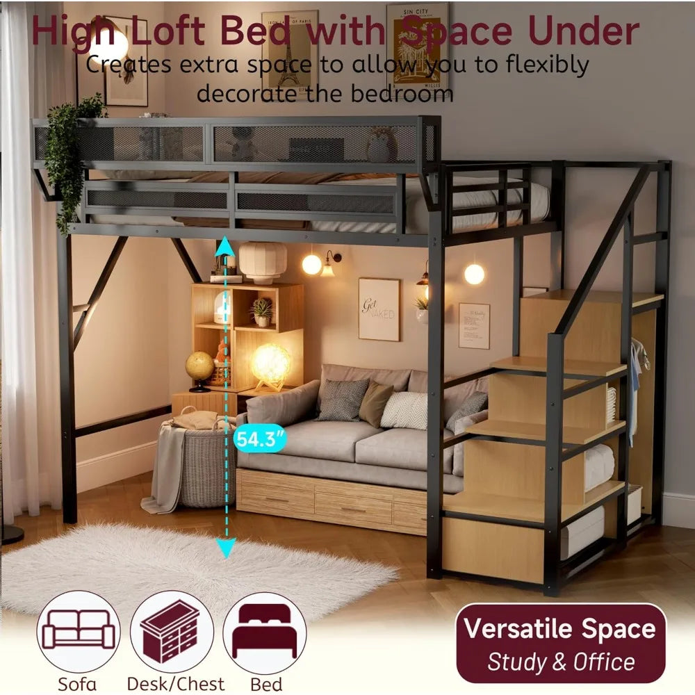 Queen Metal Loft Bed with Storage Stairs – Space-Saving Frame with Shelves & Under-Bed Storage Area