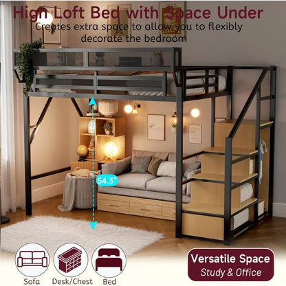 Queen Metal Loft Bed with Storage Stairs – Space-Saving Frame with Shelves & Under-Bed Storage Area