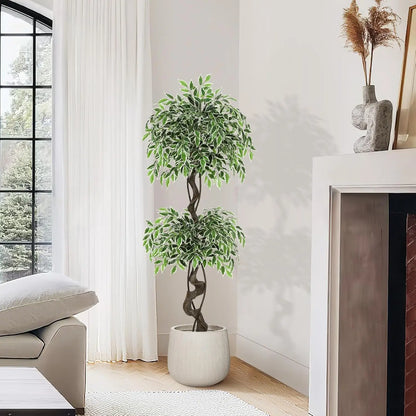 Artificial Ficus Tree – Lifelike Faux Indoor Floor Plant with White Planter and Decorative Moss