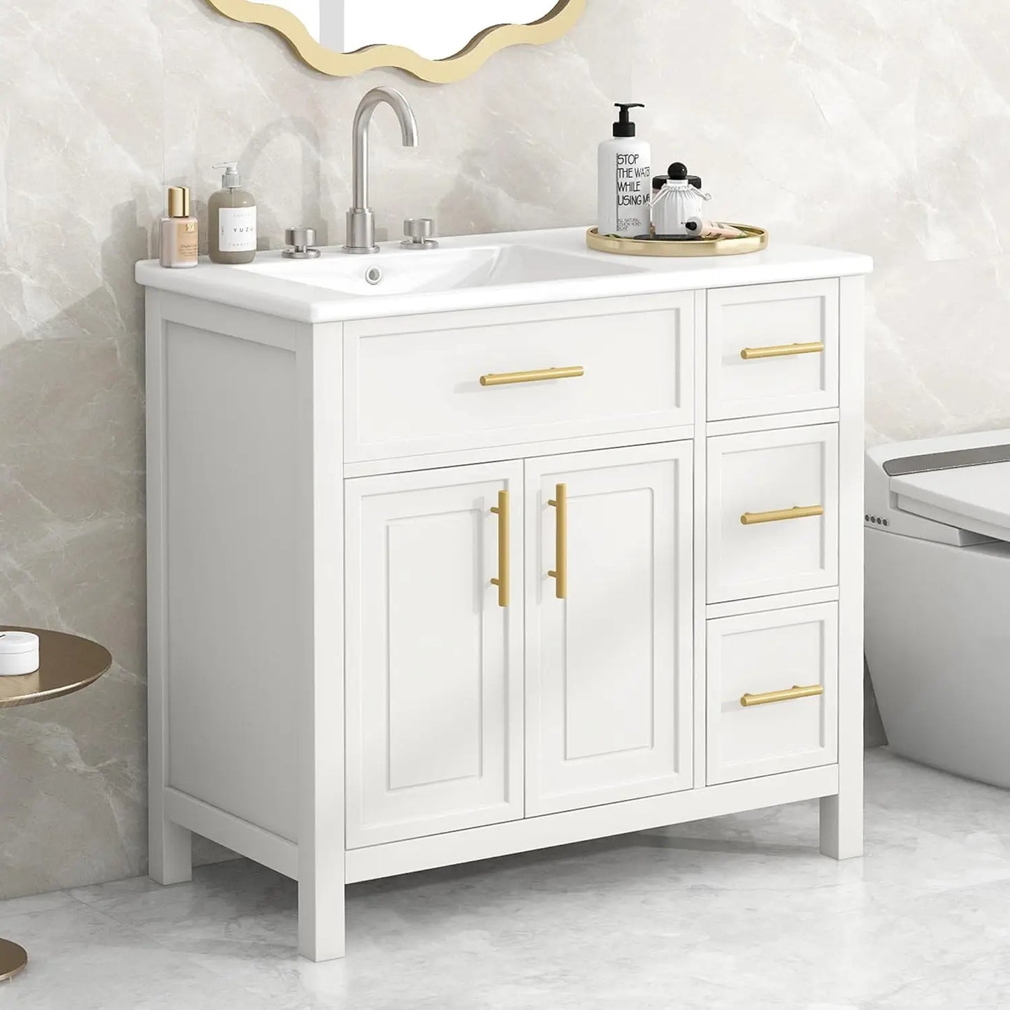 36" Bathroom Vanity with Ceramic Sink – Natural Wood Floating Style Cabinet with Modern Storage