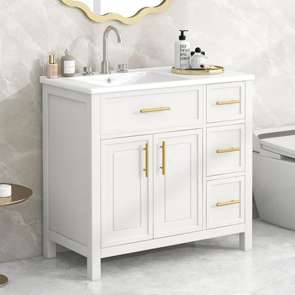 36" Bathroom Vanity with Ceramic Sink – Natural Wood Floating Style Cabinet with Modern Storage
