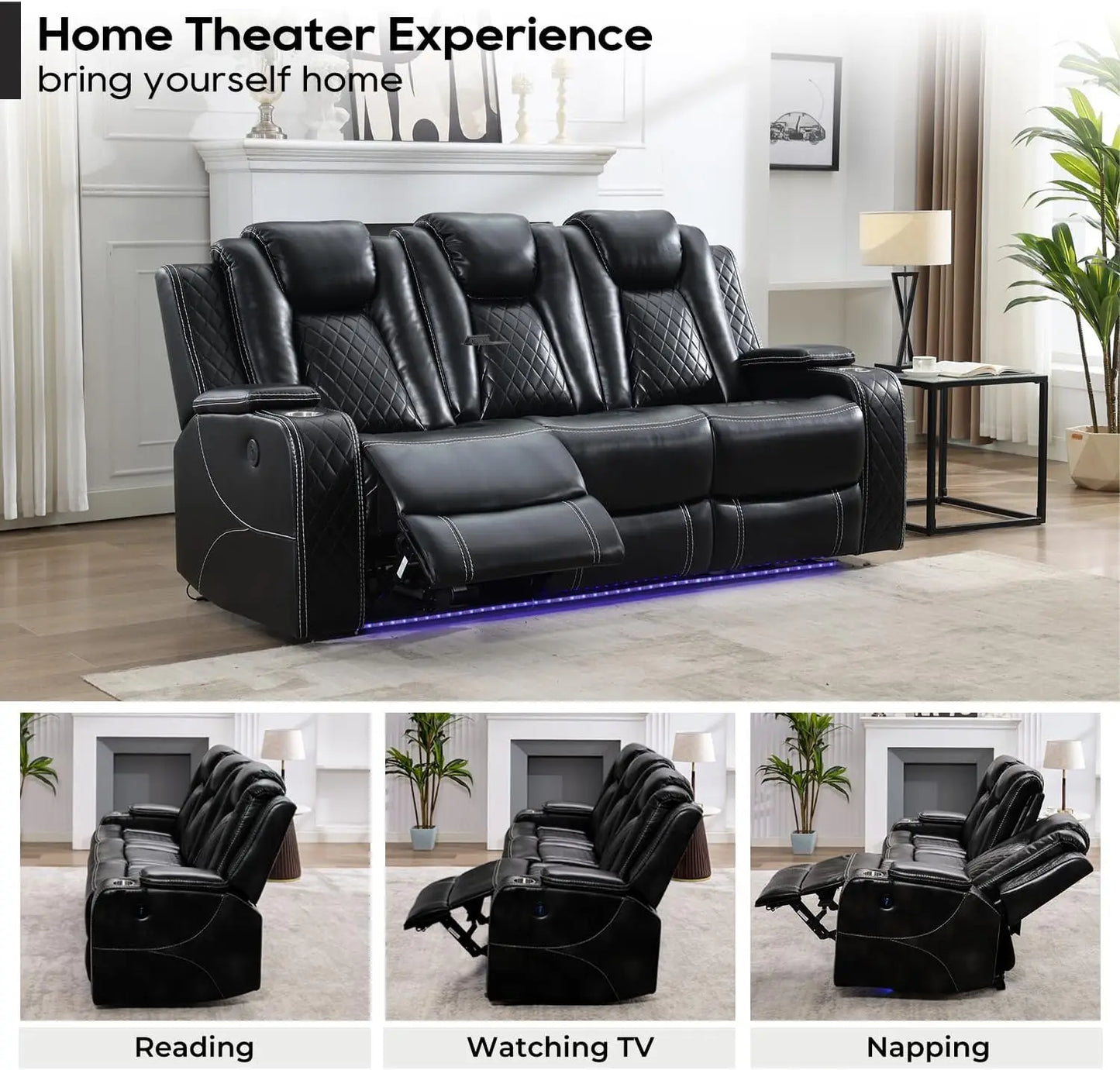 Power Reclining Sofa with Wireless Charger & LED Lights – Modern Living Room Couch with USB Ports & Cup Holders