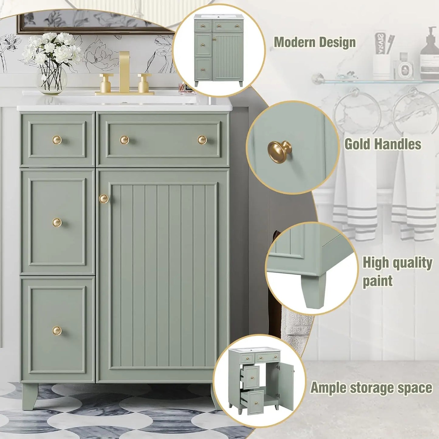24" Floating Bathroom Vanity with Undermount Sink – Modern Soft-Close Wall Mount Cabinet with Storage