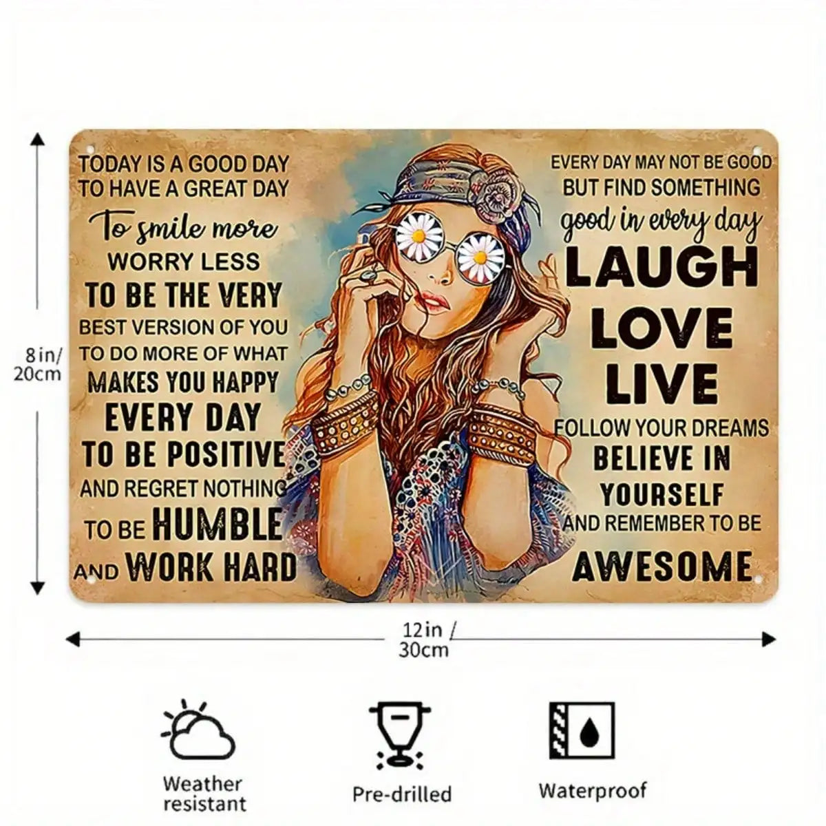 Tin Sign Laugh Love Live Vintage Hippie 8x12 Inches