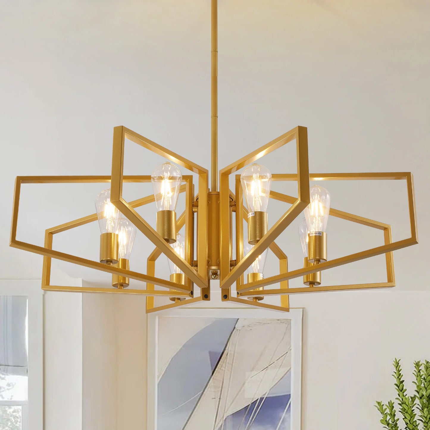 8-Light Geometric Chandelier Black Frame Golden Accents