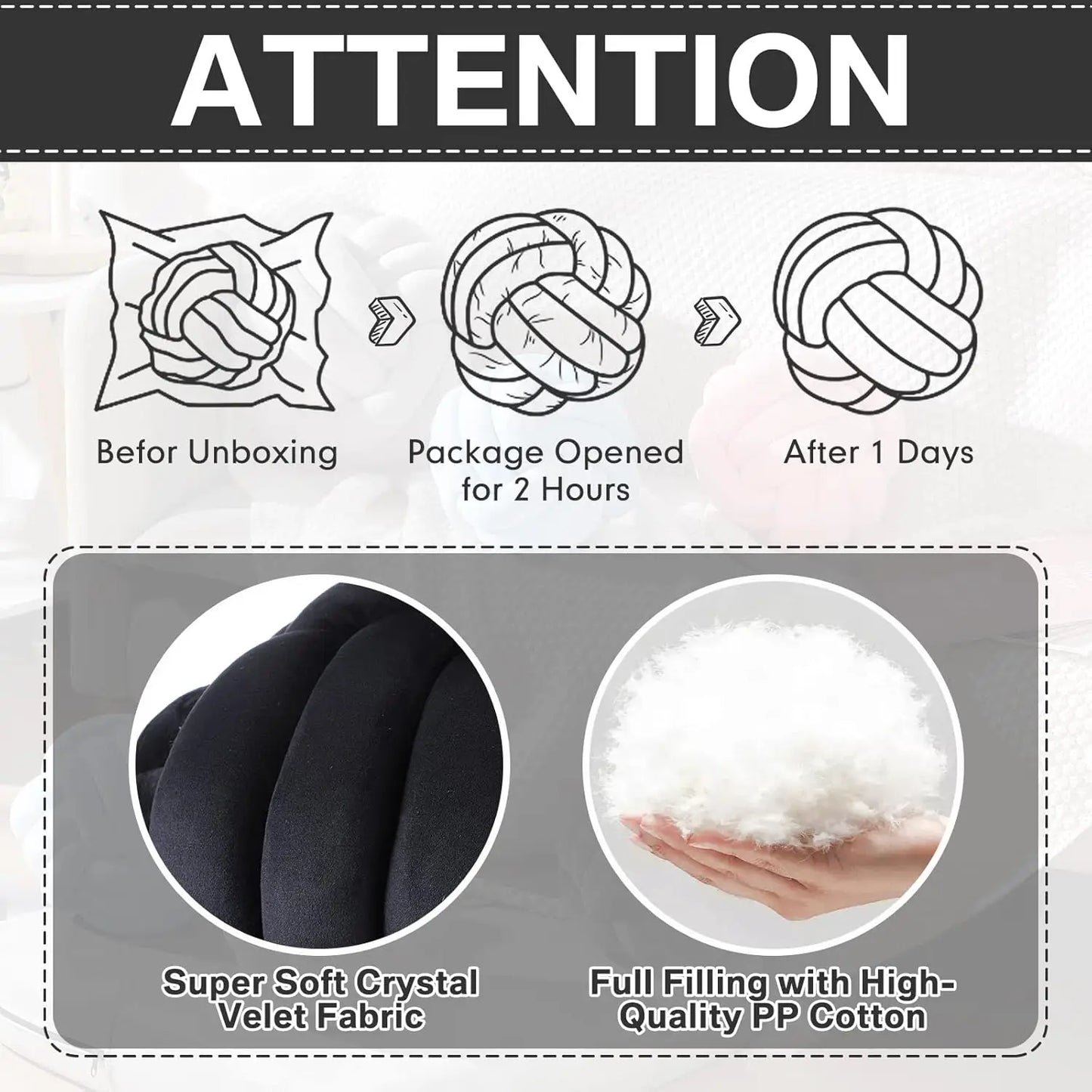 Decorative Throw Knot Pillow Ball for Home Chair Sofa Aesthetic Round Velvet Knotted Pillow Cushion (Black, 8 inches)