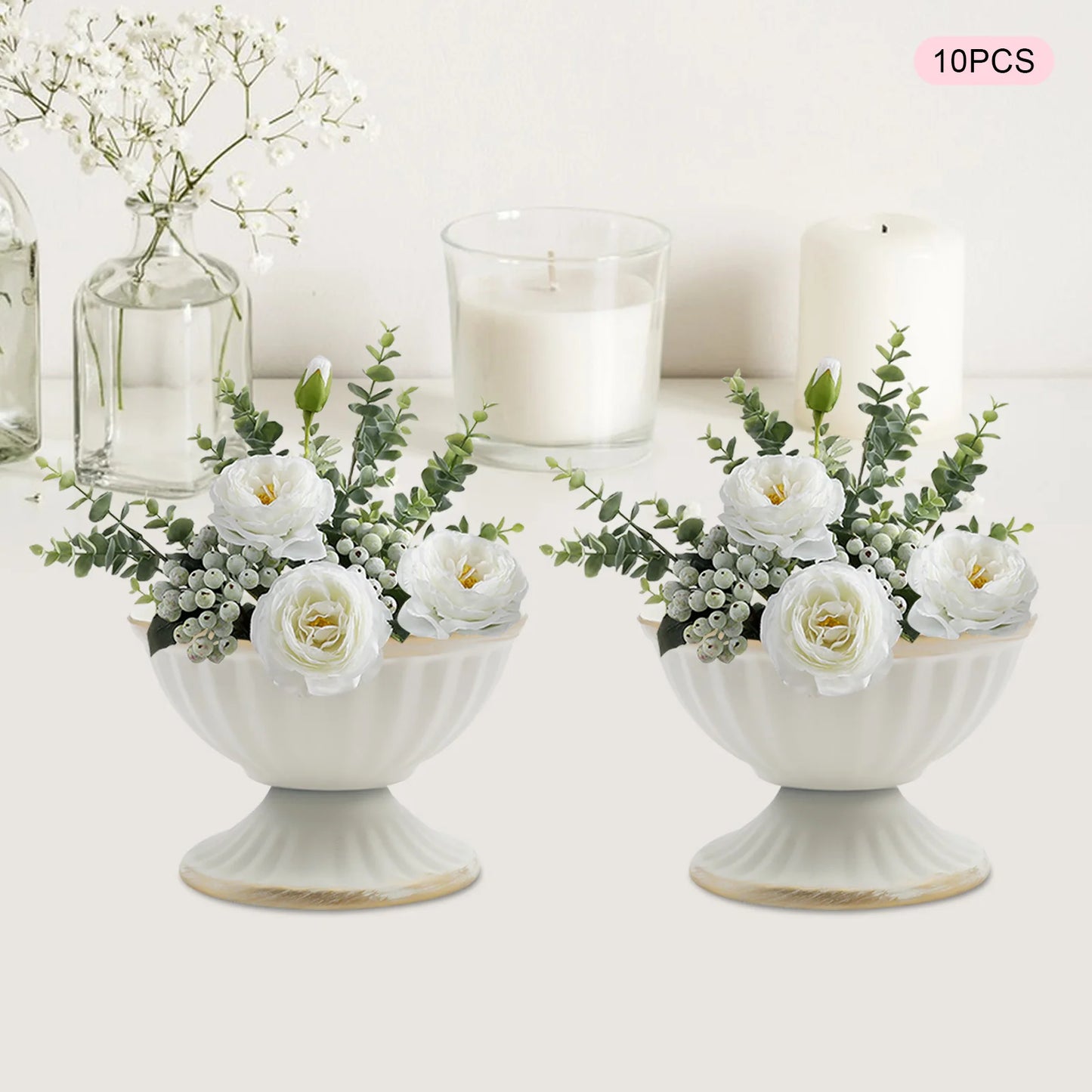 10 Pcs White Mini Metal Urn Planter Pot 4.7" Metal Wedding Table Centerpieces Flower Arrangement