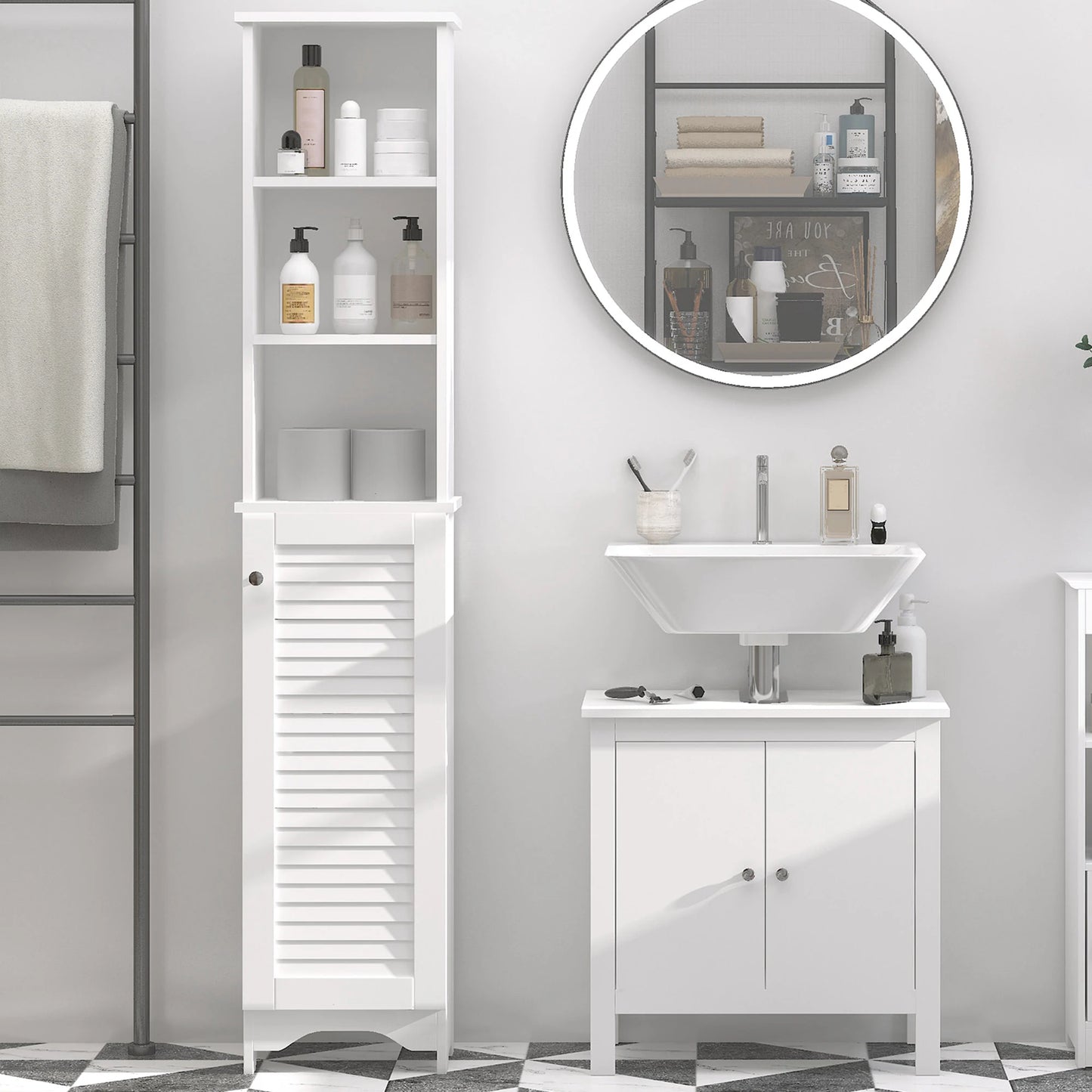 Freestanding Linen Tower with Open Shelves – Tall Bathroom Storage Cabinet for Towels and Essentials