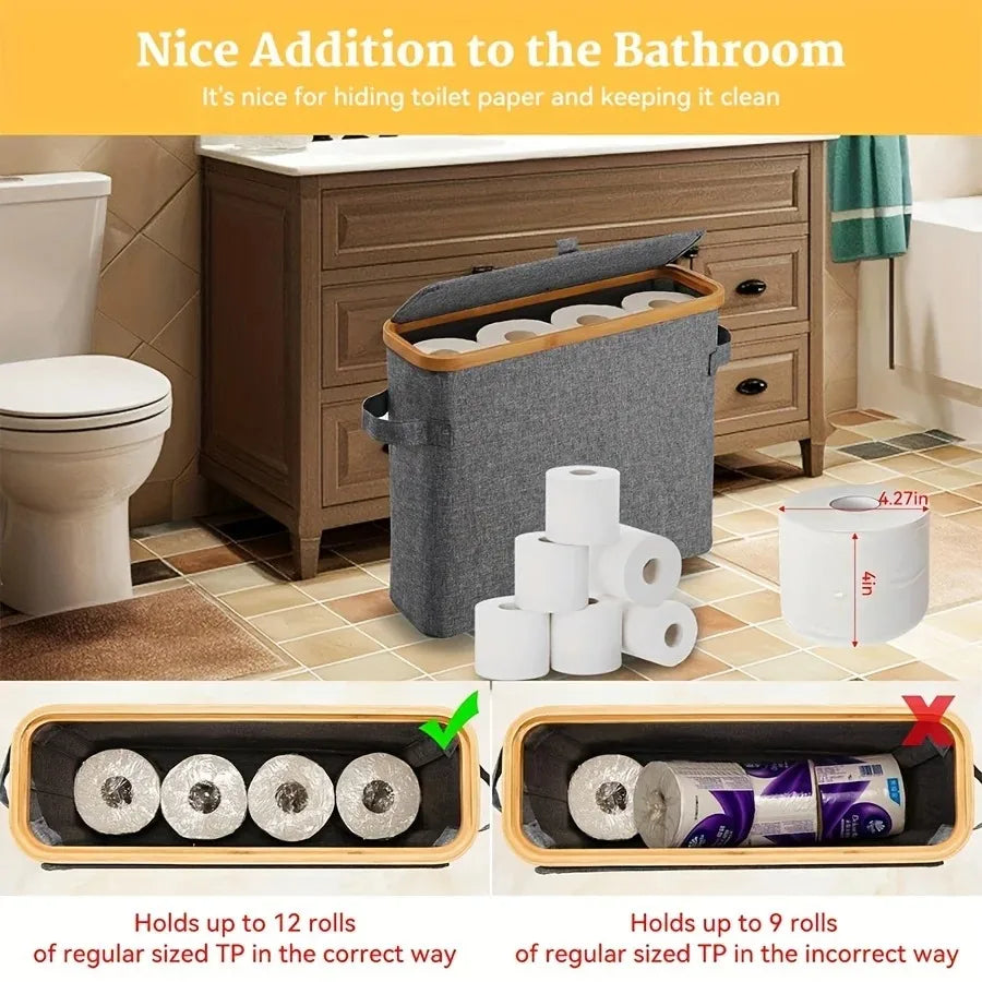 Bamboo Toilet Paper Storage Basket With Lid