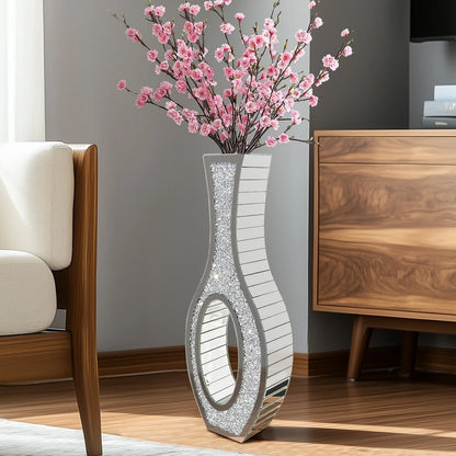 Tall Silver Mirrored Floor Vase – Crystal Crushed Diamond Decorative Glass Vase for Living Room or Entryway