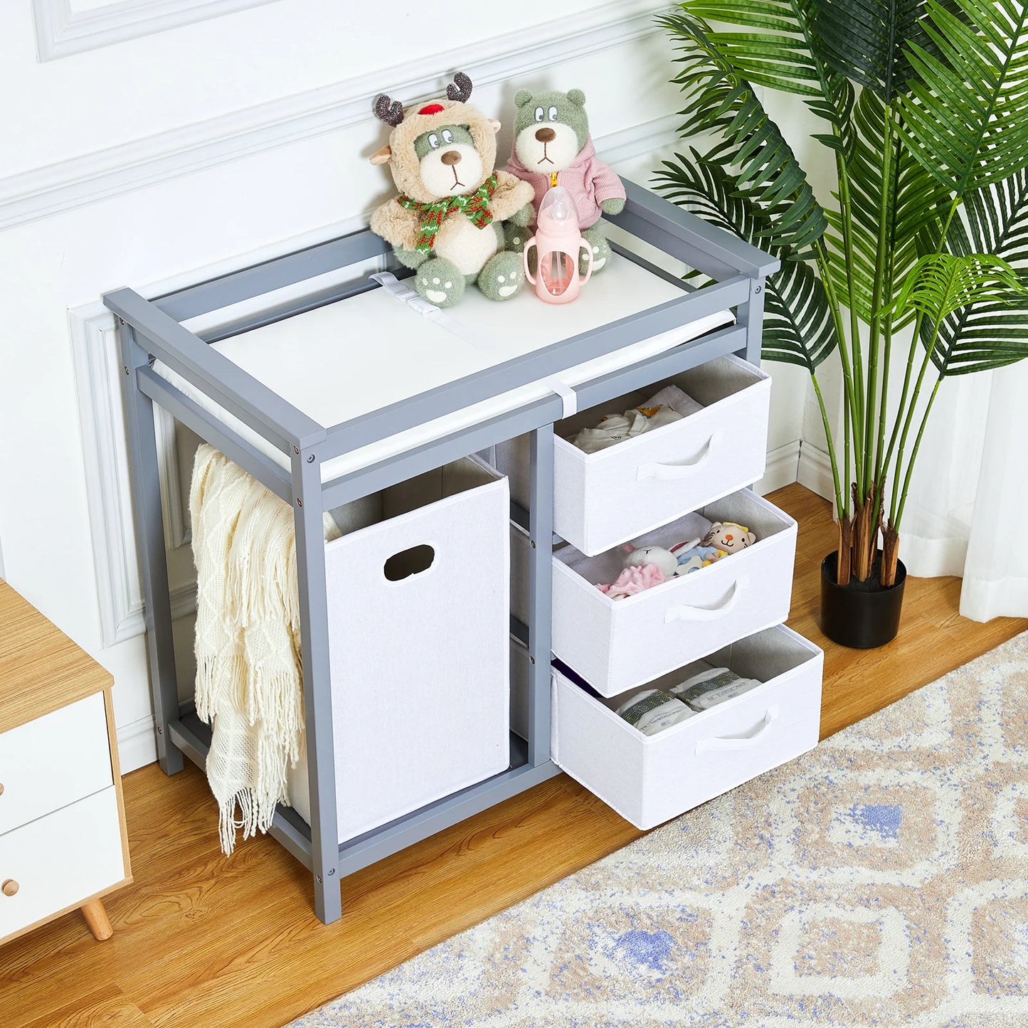 Baby Changing Table Dresser with Laundry Hamper – Multi-Storage Nursery Station with Drawers & Organizer Baskets