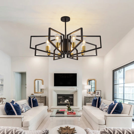 8-Light Geometric Chandelier Black Frame Golden Accents
