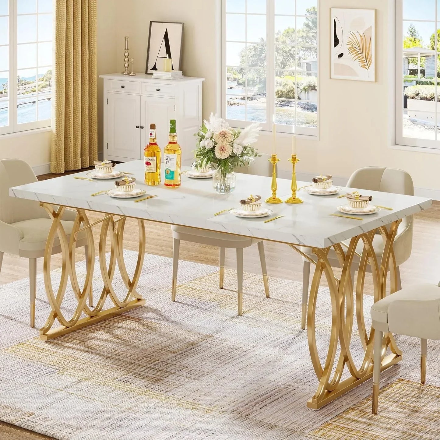 63" Modern Dining Table with Brass Accents – Large Rectangular Statement Table for Kitchen & Dining Room