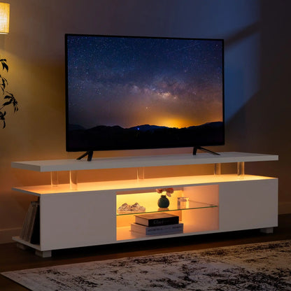 LED Gaming TV Stand – Modern Entertainment Center with Glass Shelves & Storage for Living Room or Bedroom