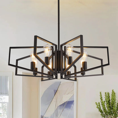 8-Light Geometric Chandelier Black Frame Golden Accents
