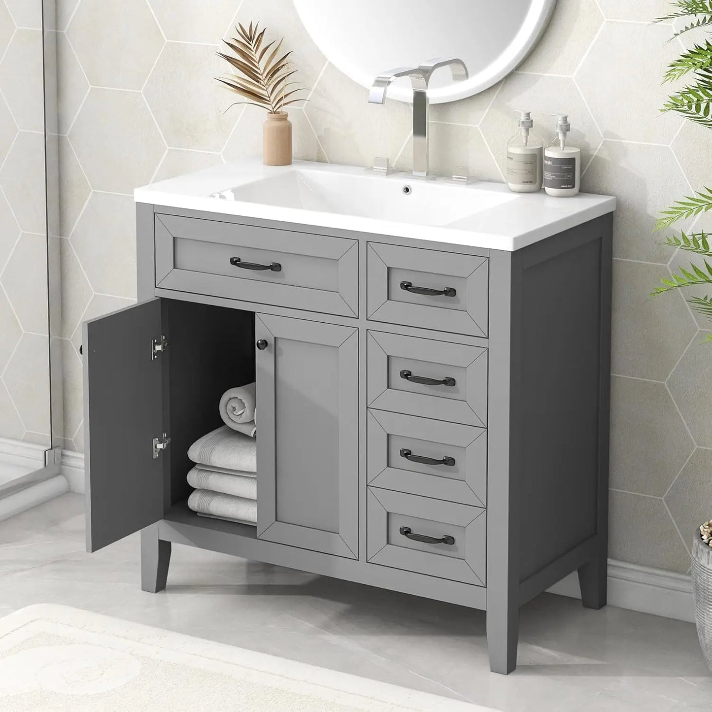 36" Bathroom Vanity with Ceramic Sink – Natural Wood Floating Style Cabinet with Modern Storage