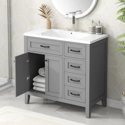 36" Bathroom Vanity with Ceramic Sink – Natural Wood Floating Style Cabinet with Modern Storage