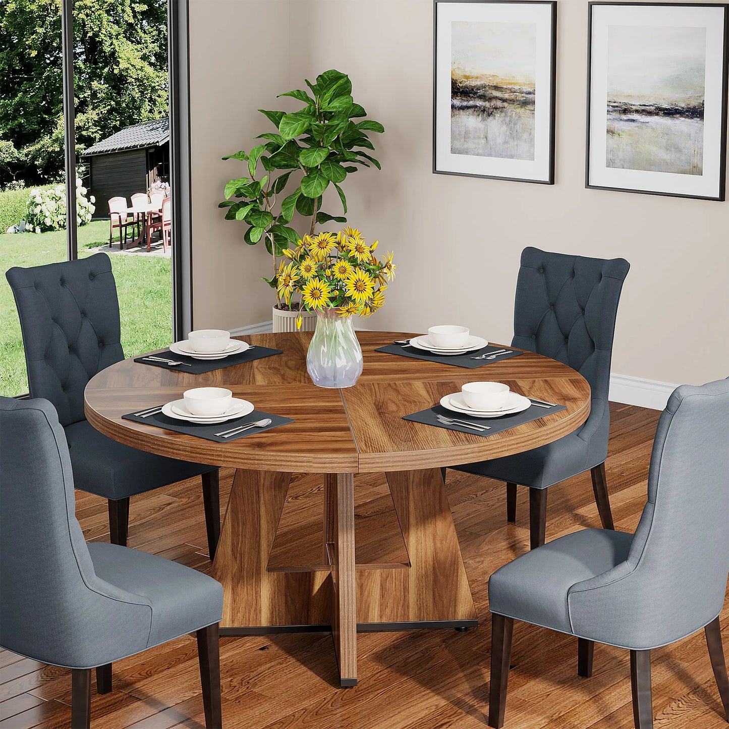 Round Farmhouse Dining Table – Rustic Kitchen Dinette Table for Small Space Dining & Everyday Meals