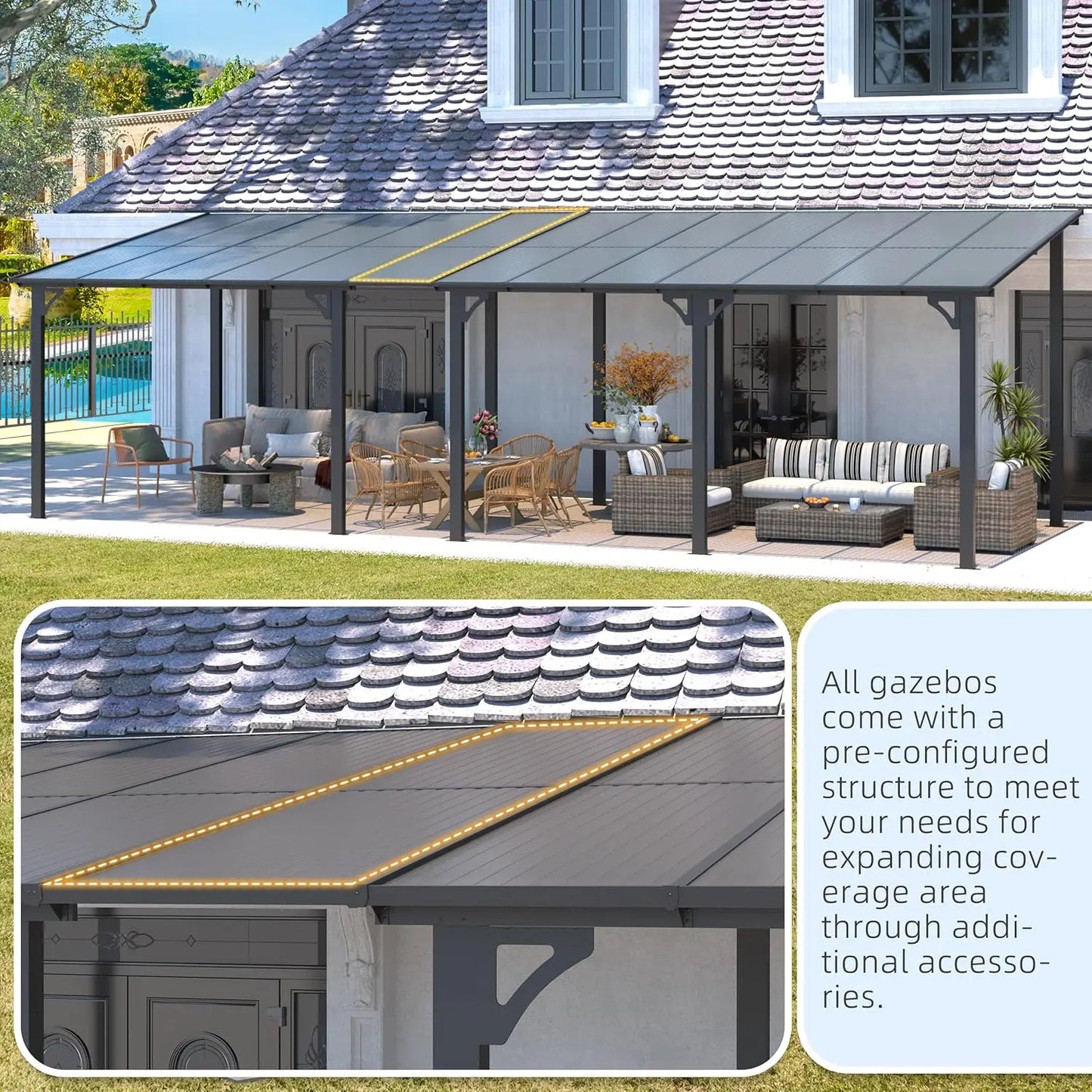Hard Top Lean-To Gazebo Pergola – Wall-Mounted Steel Roof Patio Cover for Backyard & Outdoor Living