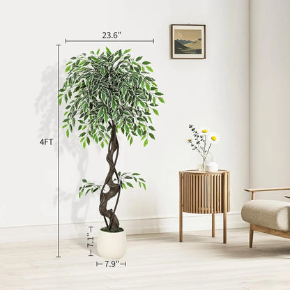Artificial Ficus Tree – Lifelike Faux Indoor Floor Plant with White Planter and Decorative Moss